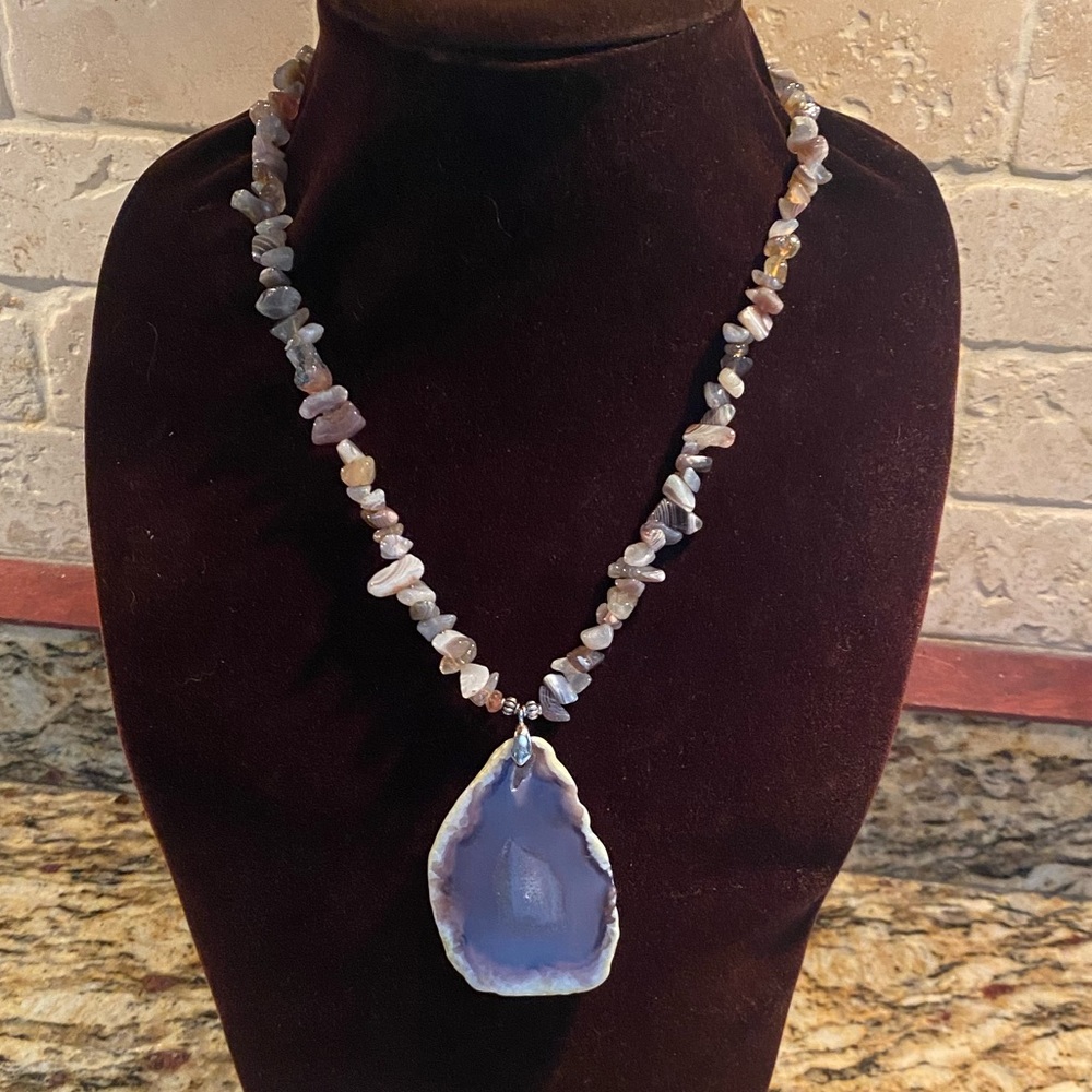 Moonstone and Geode Slice Necklace 19 Inches